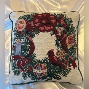 Vtg Needlepoint Tapestry Throw Pillow Wreath Nutcracker Angel Cardinal Christmas